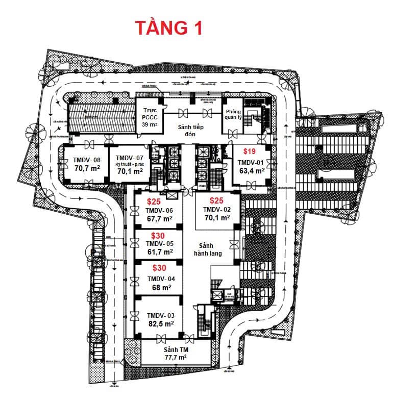 Mặt bằng văn phòng cho thuê The Ninety Complex Tầng 1